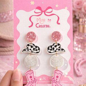 Pink Cowgirl Disco Dangle Earrings Acrylic Western Statement Jewelry